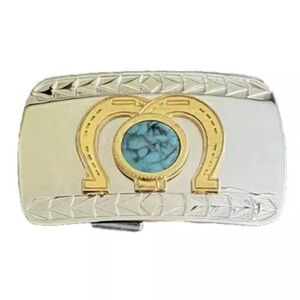 Vintage Double Gold Lucky Horseshoe Belt Buckle Faux Turquoise Stone Silver Tone